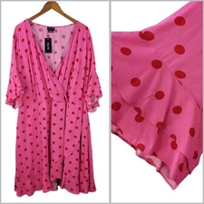 NEW City Chic Plus 24 24W Wrap Top Dress Pink Polkadot Ruffle Sleeve Romantic 