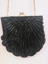La Regale Black Beaded Satin Clamshell Clutch Crossbody Formal Party Evening Bag