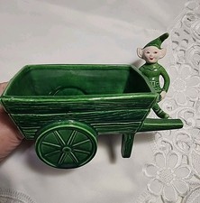 Vintage Elf Pixie Wagon Planter Ceramic Green...