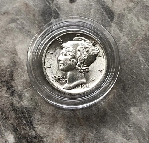 1916 SILVER MERCURY DIME IN BU CONDITION. FIRST YEAR.