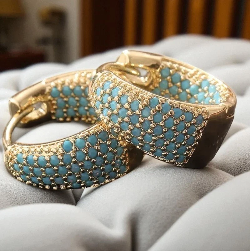 Luxuriöse Damen Mädchen Spanische Style 14K Gelbgold vergoldet Creole Türkis #38 - Bild 4 von 4