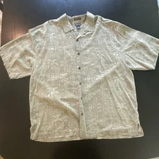 St. John’s Bay Washable Silk Shirt 2XL Green Hawaiian Floral Palm Island Aloha