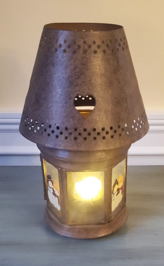 PRIMITIVO MUÑECO DE NIEVE RÚSTICO PAÍS SOPORTE DE LUZ DE TÉ LINTERNA SOMBRA DE CORAZÓN Foto 4 de 4