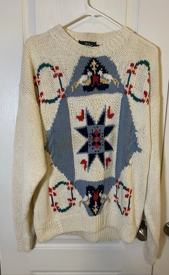 Woolrich Vintage Chunky Knit Sweater Women’s Size XL Cream Geometric