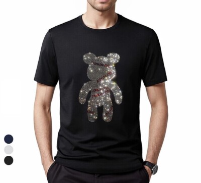 Fashion Trend Bear Hot Diamonds Rhinestones Black Summer Luxury Men T-Shirt