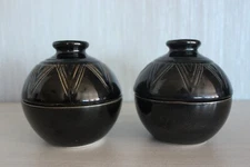 Pair black ceramic lidded bowls, geometric, minimalist design, rice bowls studio