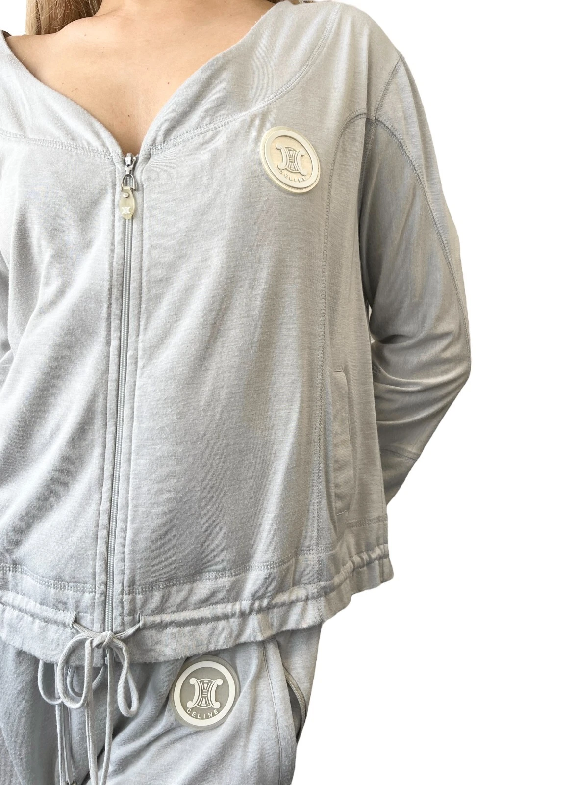 CELINE Vintage Track Suits Set #S #L Maglia Top Pantaloni Logo Rayon Grigio Rank AB