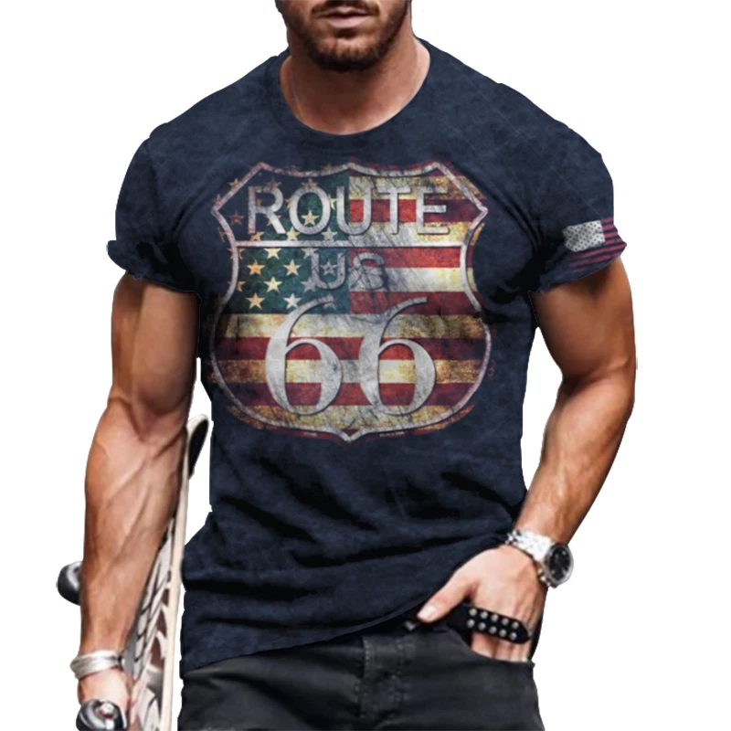 T-Shirt Men US Route 66 Fashion Graphic Print Fitness Vintage Ultra Soft T Shirt