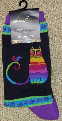 Laurel Burch Rainbow Cat Black Womens Crew Socks SockSmith WNC2301-BLK NWT