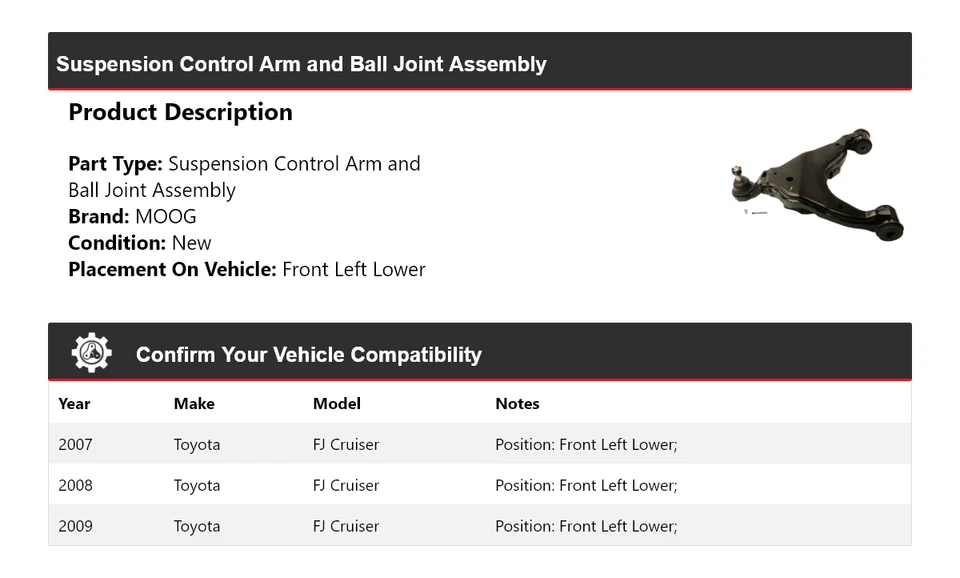 Brazo de control delantero izquierdo inferior MOOG 2007-2009 Toyota FJ Cruiser 2007-2009 Foto 2 de 4