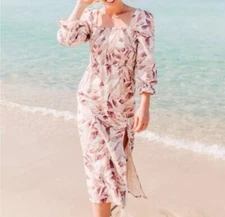 House of Harlow 1960 Linen Blend Palm Leaf Midi Dress Small Smocked NEW 1315