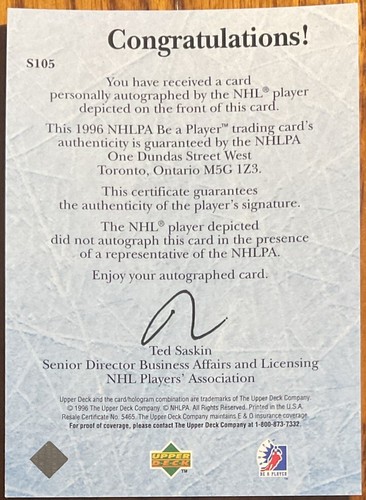 1995-96 Be A Player Autographs Rob Dimaio #S105 Philadelphia Flyers - Picture 2 of 2