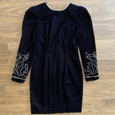 Vintage HW Collections Black Velvet Dress Gold Embroidered Long Sleeve USA S