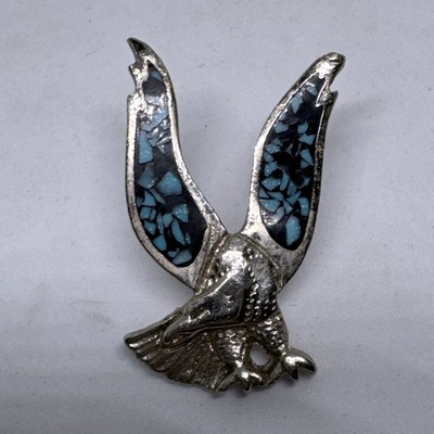 Vtg Crushed Turquoise Eagle Silver Tone Lapel Pin Tie Hat Tac Southwestern J5