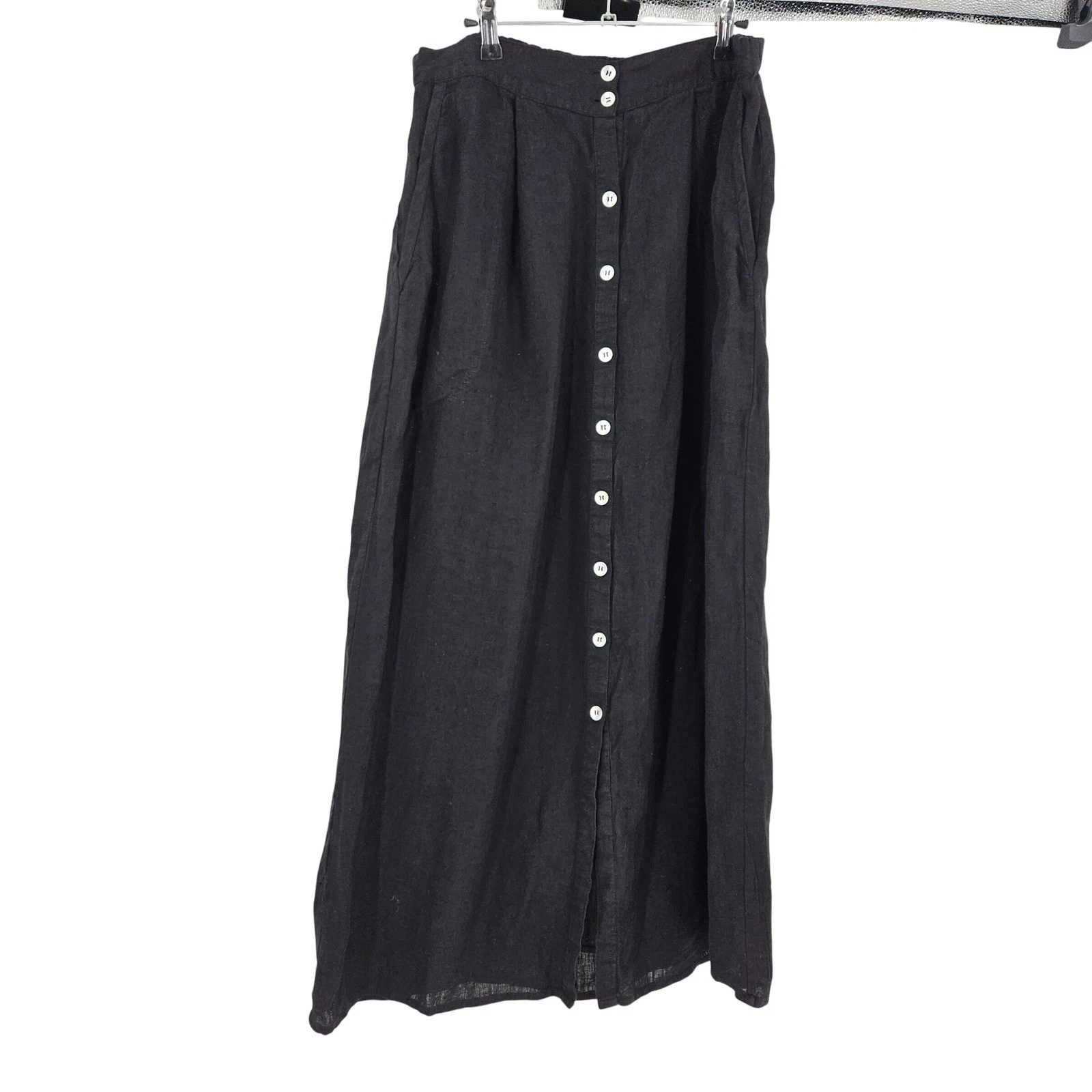 Anaak Maxi Linen Skirt Black Button Front Pockets Elastic Waist Lagenlook Size 2