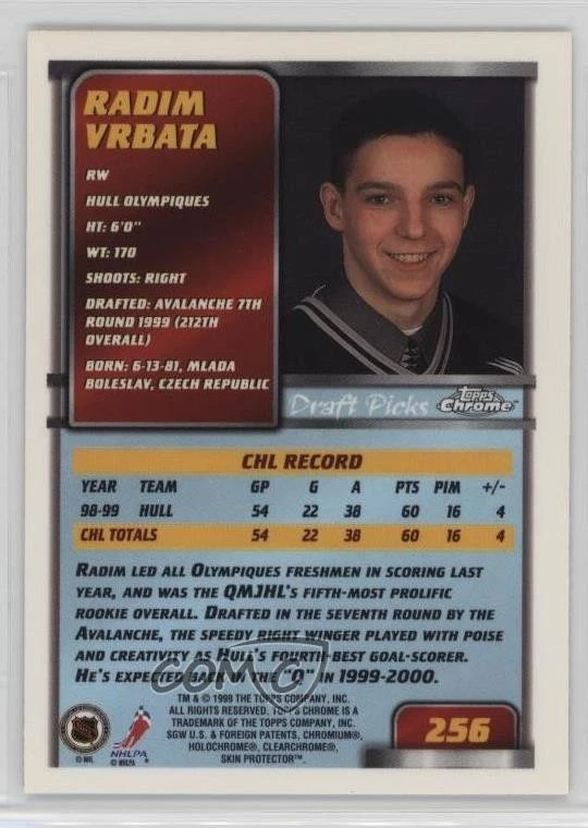 1999-00 Topps Chrome Radim Vrbata #256 Rookie RC - Image 2 of 2