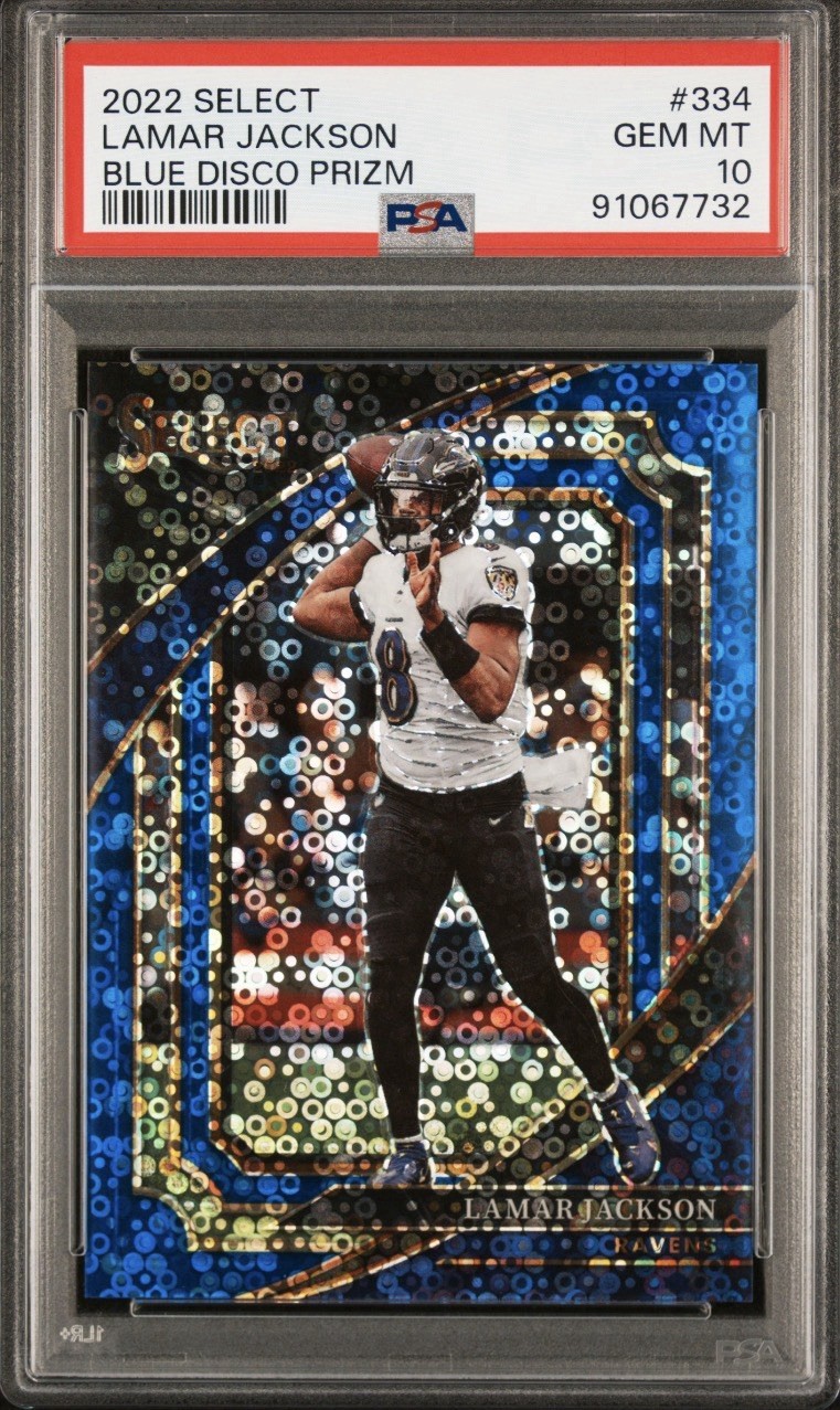 2022 Panini Select Suite Level Lamar Jackson #334 Blue Disco Prizm /25 PSA 10