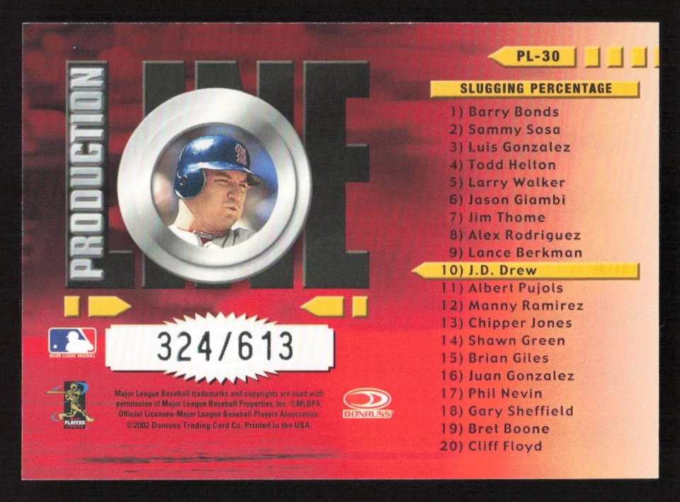2002 Donruss J.D. Drew Production Line #/613 #PL-30 Card - Image 2 of 2