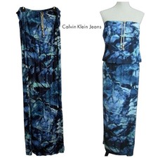 Calvin Klein Blue Patterned Strapless Maxi Dress L/G