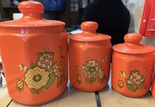 Kromex  Aluminum Canisters Set of 4 Flowers 1970s Retro Kitchen Decor Orange