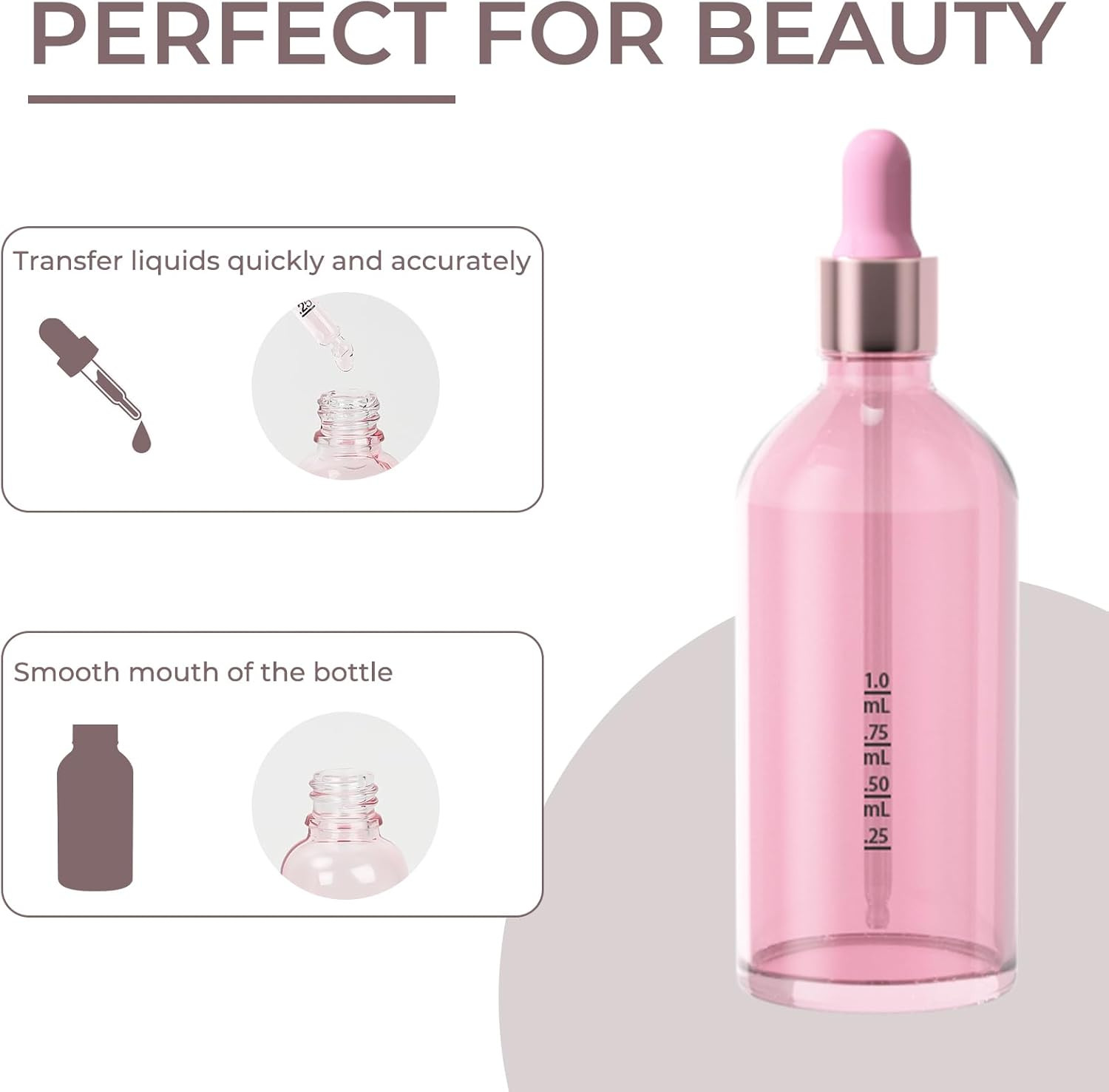 6 Pack Pink Glass Boston Bottles with Glass Scale Eye Droppers, Cosmetic Dropper