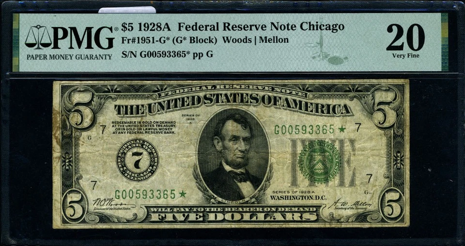 FR. 1951 G* $5 1928-A Federal Reserve Note Chicago G-* Block PMG VF20 Star - Image 2 of 3