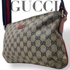 Gucci GG Supreme Leather Canvas Shoulder Bag Vintage Gray Navy Unisex Crossbody