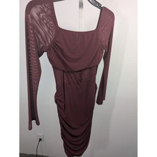 SHEIN Burgundy Mesh Long Sleeve Corset Waist Ruched Bodycon Dress Small US 4