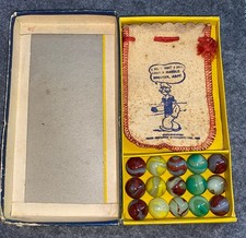 Original Vintage Popeye Box W/ Beg & 15 Wet Mint Marbles 9 OXblood Swirls-