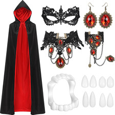 11 Pcs Halloween Vampire Costume Set Hooded Cape Mask Earrings Red Classic
