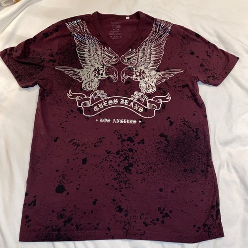MENS GUESS W/BLACK SILVER GRAPHIC V-NECK SHORT SLEEVE T-SHIRT SIZE XL - 第 1/6 張圖片