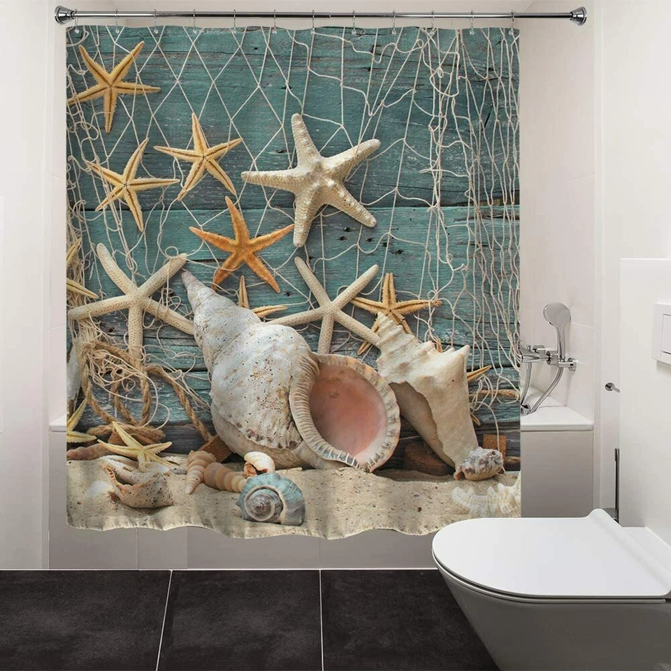 Beach Shower Curtain Seashell Theme Starfish Shell Waterproof Fabric Bathroom - Image 3 of 4
