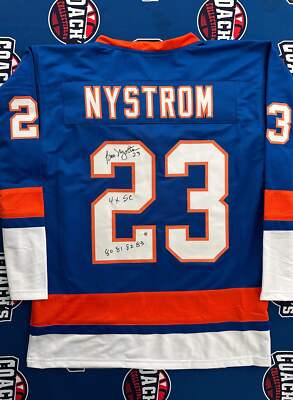 Bobby Nystrom Autographed CUSTOM NY Islanders Jersey w/ 4x SC 80, 81, 82, 83 (JS