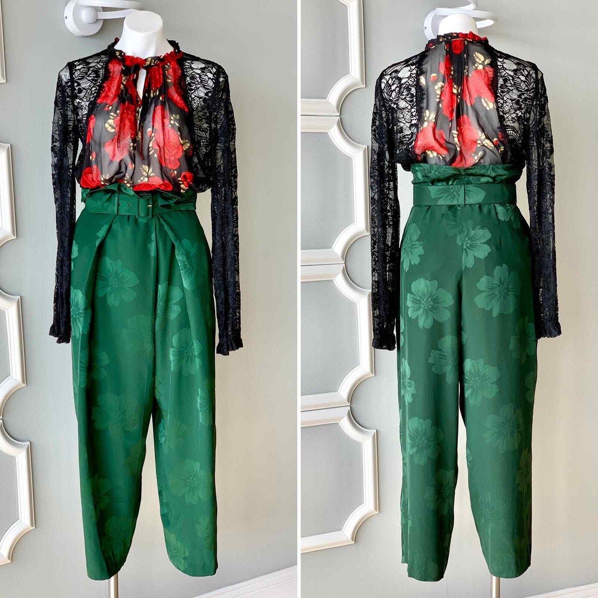 Stella McCartney Silk High Waist Pants Floral Brocade Green