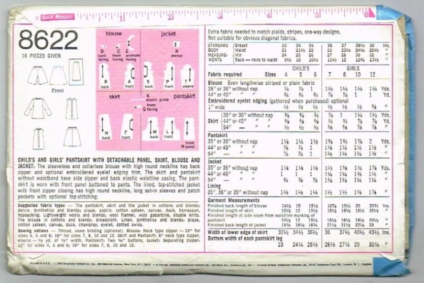 Pantskirt Skirt Top Jacket Simplicity 8622 Sewing Pattern 1960's VTG Sz 10 Uncut - Image 2 of 2