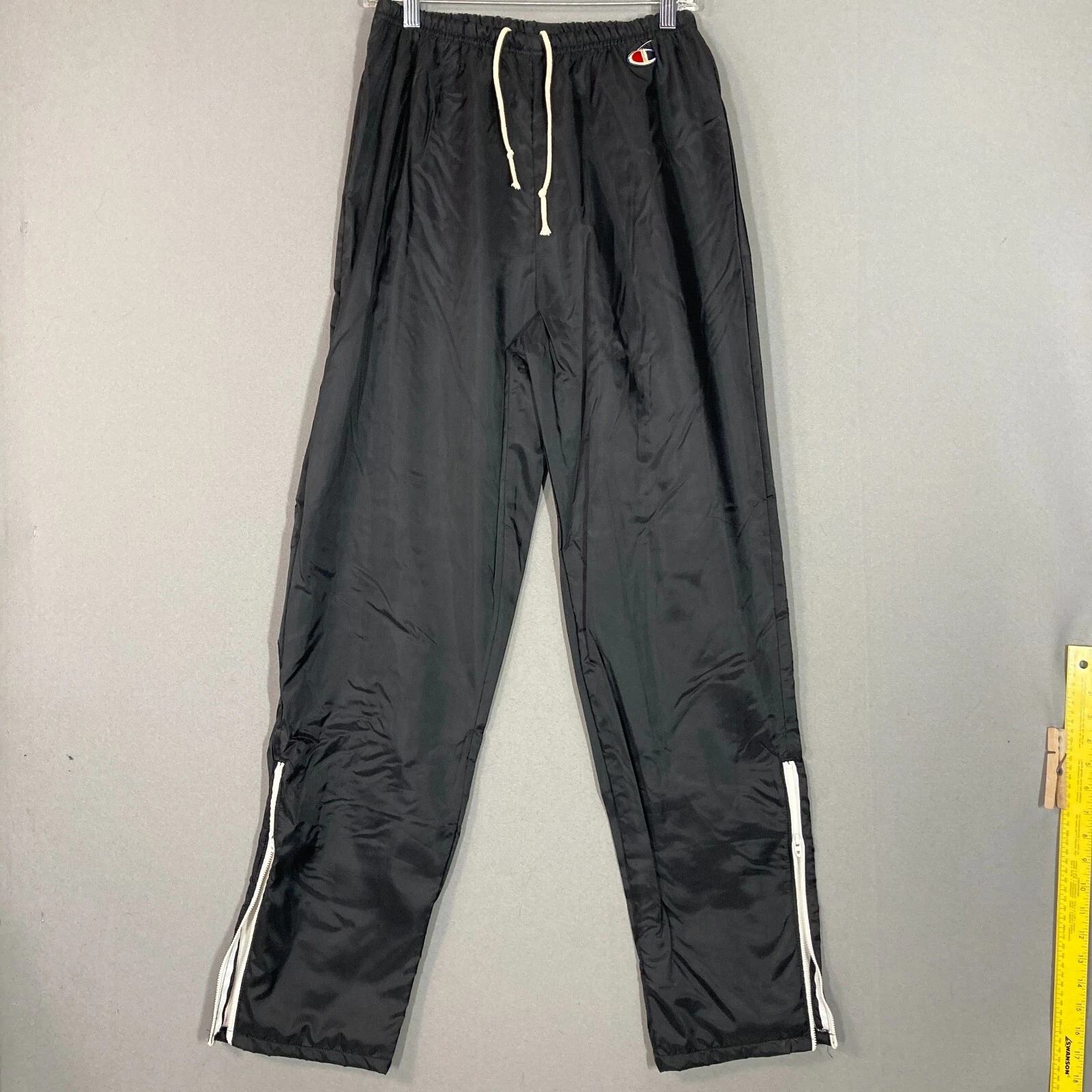 VTG Champion Mens M Warm Up Lined Track Windbreaker Pants USA Black Ankle Zip