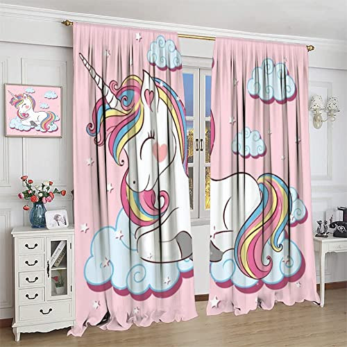 Unicorn Curtain for Kids Bedroom,Pink Cartoon Rainbow Darkening Curtains Decor - Picture 6 of 8