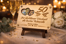 Handgemachte Holzkarte, personalisierte Geldgeschenkkarte zur Goldenen Hochzeit
