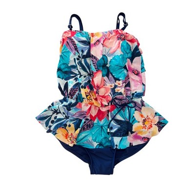 Maxine of Hollywood Tropical One Piece Swimsuit Sz 8 Peplum Slimming Adjustable