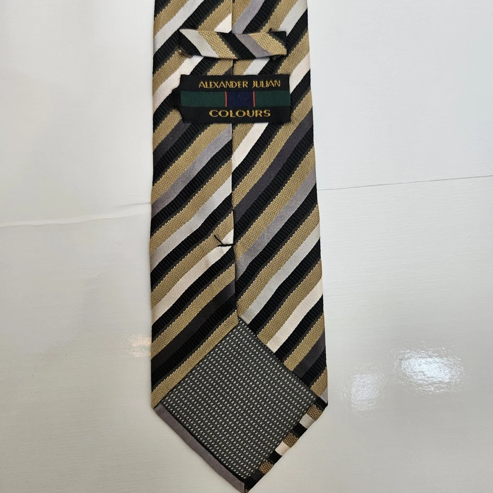 Corbata de Colección Años 90 ALEXANDER JULIAN COLORES para Hombre 100% Seda Dorado Negro Rayas 3.8" Foto 2 de 4