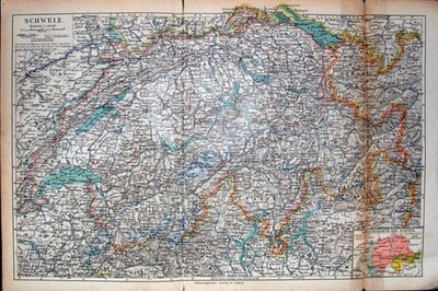 Alter antiker Druck Meyers Atlas 1900 Karte Bern Deutschland Basel Besancon Gen 20.