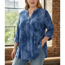 Avenue Blue Tie Dye Print Pintuck Pleated Tunic Top Women Plus Size 18/20