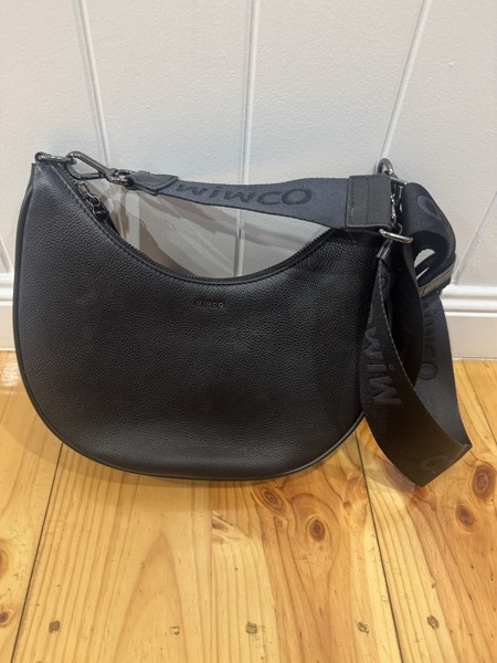 Mimco Black Pebbled Leather Crescent Crossbody Bag, Adjustable Logo Strap, Zip