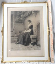 Antique 1875 Framed Herman Eichens Engraving Titled ORPHELINE-Large 26.5" X 34"