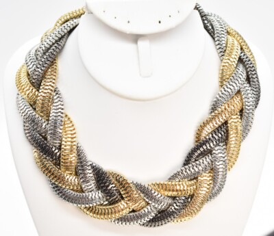 18'' Tri-tone Braided Metal Flat Snake Chain Choker Necklace 1 3/8'' Wide Black