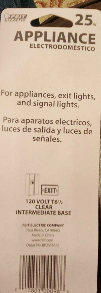 FEIT ELECTRIC ~ 25-Watt T6.5 Clear Tubular Appliance / Exit Light Bulb  - Image 3 of 3