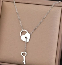 Silver Stainless Steel Heart Lock and Key Necklace with 18 inch chain