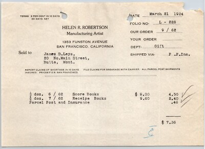 Helen R. Robertson Manufacturing Artist San Francisco 1924 Billhead Leys*