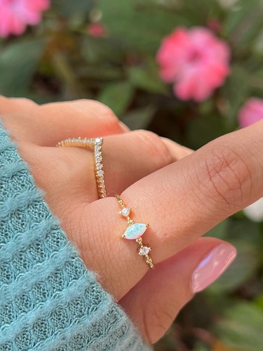 Marquise Cut Fire Opal Yellow Gold Plated silver Minimalist Engagement Ring