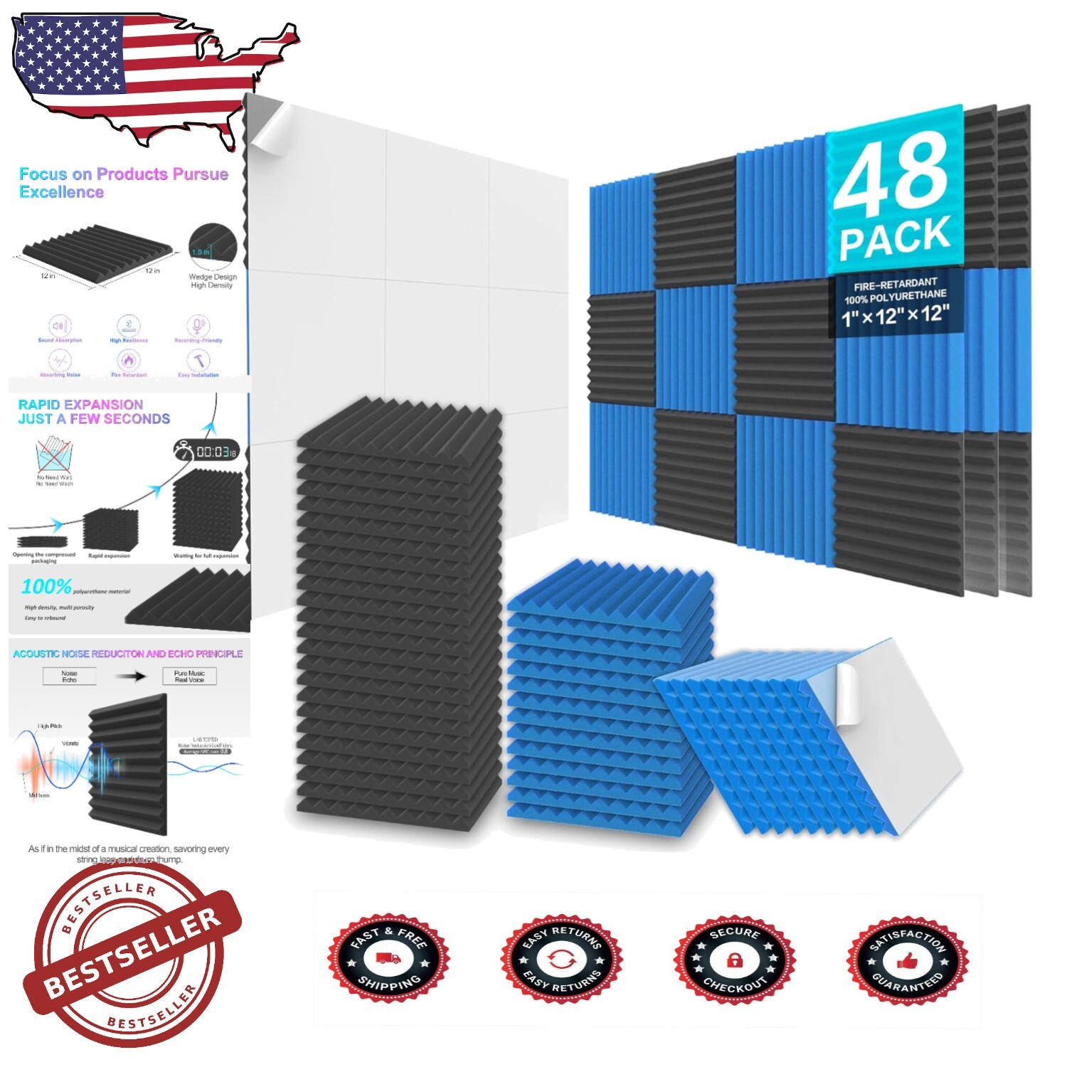 Upgraded Flame-Resistant 48-Pack Acoustic Foam Panels for Superior Sound Clarity